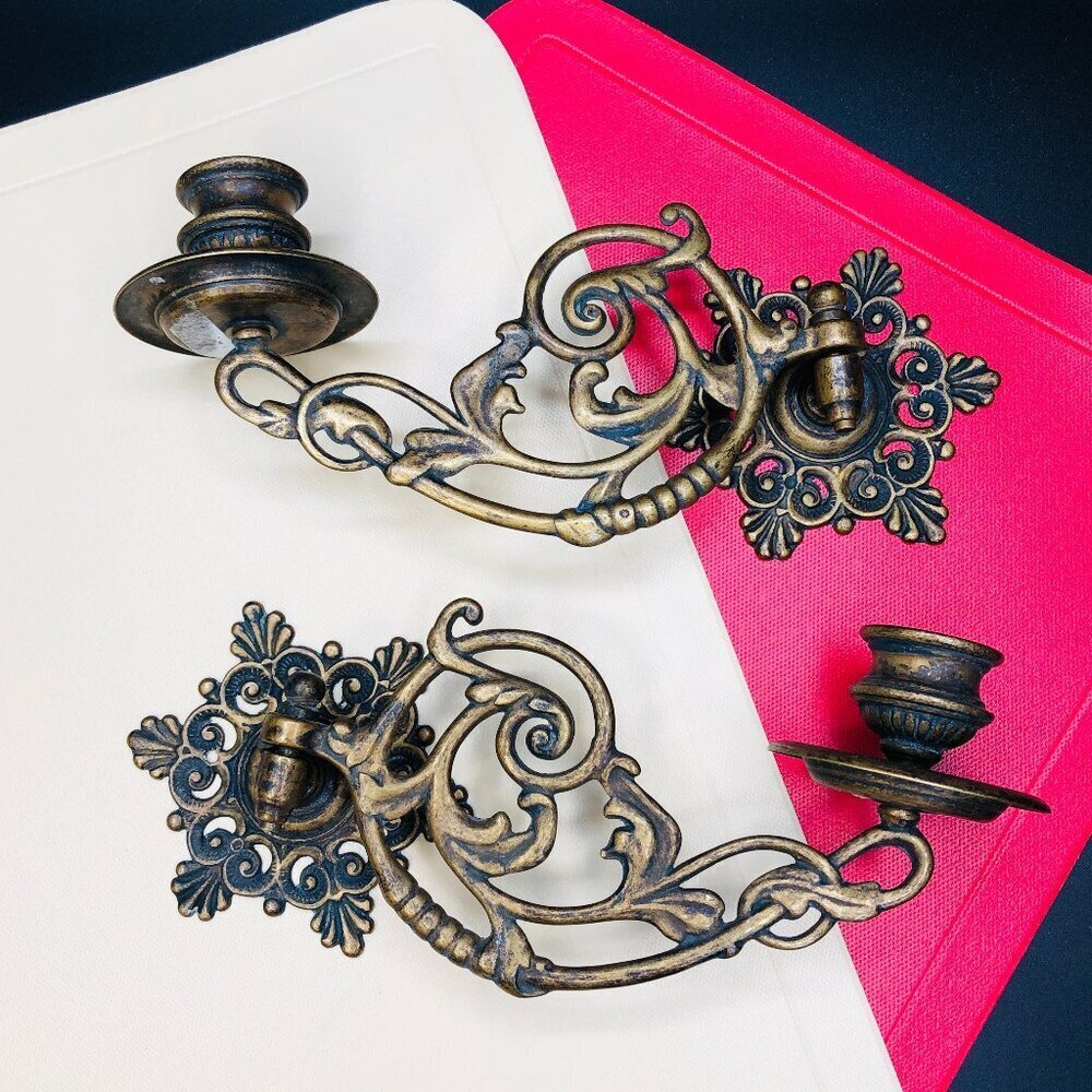 Italy Brass Candleholder Piano Wall Sconces PAIR Ornate Victorian Swivel Arms